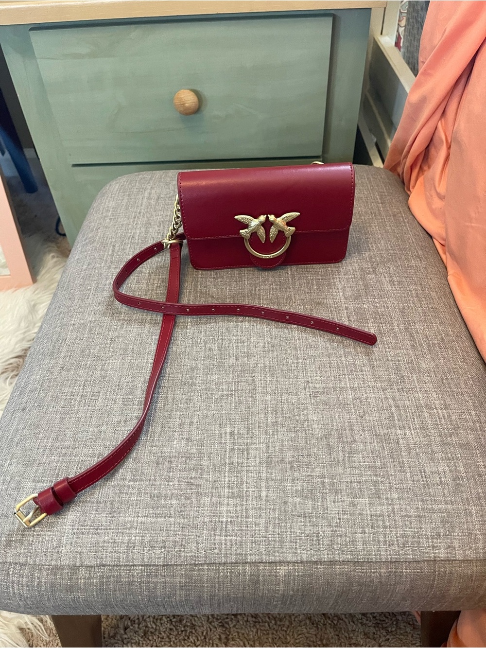 Pinko Red Leather Crossbody with Gold Bird Ring - Picture 2 of 7